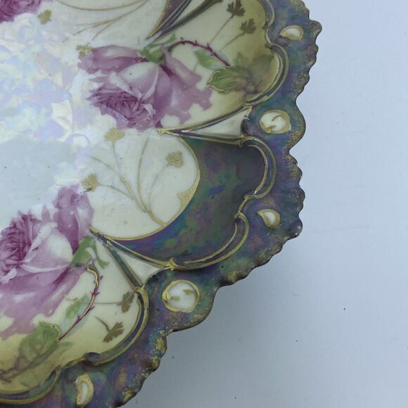 Vintage Hand-Painted Floral Porcelain Plate Pink Roses Scalloped Edge Iridescent - Picture 9 of 13